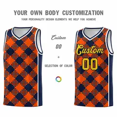 Orange Navy-White Grid Basketball Kits For Team 3