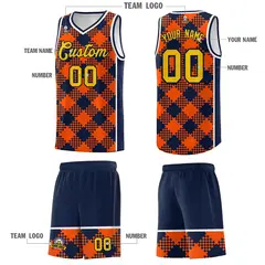 Orange Navy-White Grid Basketball Kits For Team 5