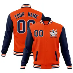 Orange Navy White Raglan Sleeves Full-Snap Letterman Cotton Jacket 1