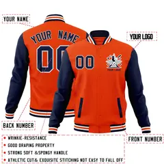 Orange Navy White Raglan Sleeves Full-Snap Letterman Cotton Jacket 2