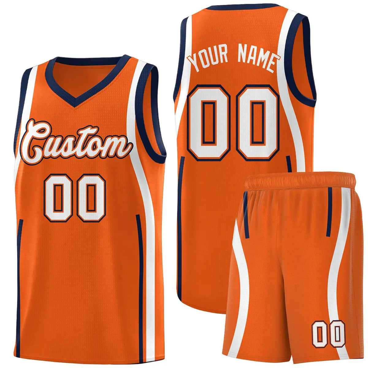 Orange Navy-White Ribbon Pattern Basketball Kits