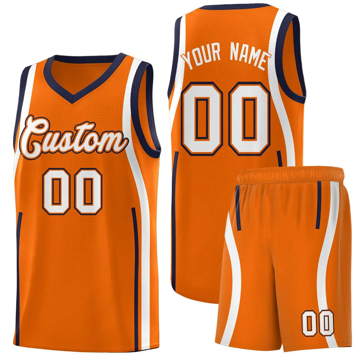 Orange Navy-White Ribbon Pattern Basketball Kits