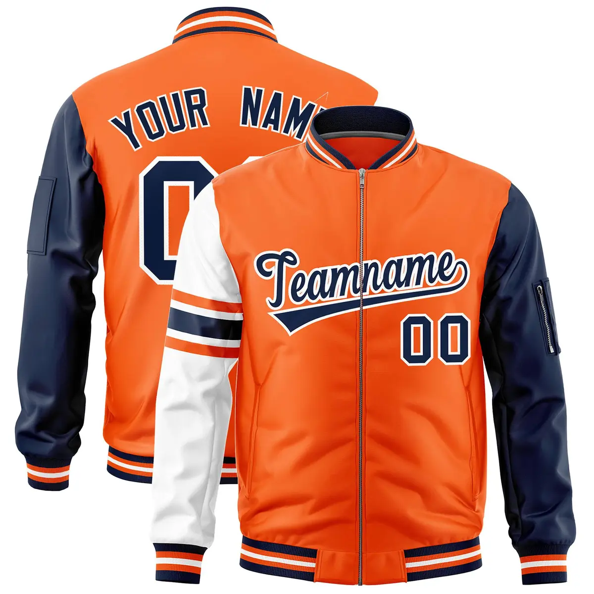 Orange Navy-White Stripe Raglan Varsity Full-Zip Letterman Bomber Jacket