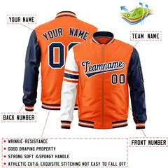 Orange Navy-White Stripe Raglan Varsity Full-Zip Letterman Bomber Jacket 2