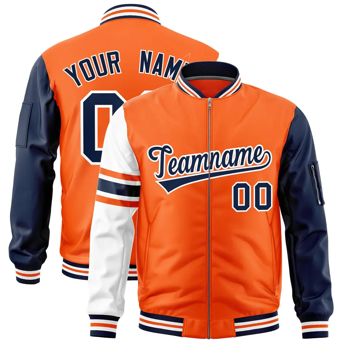 Orange Navy-White Stripe Raglan Varsity Full-Zip Letterman Bomber Jacket