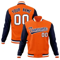 Orange Navy-White Varsity Full-Snap Raglan Letterman Baseball Jacket 1