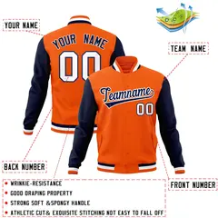 Orange Navy-White Varsity Full-Snap Raglan Letterman Baseball Jacket 4