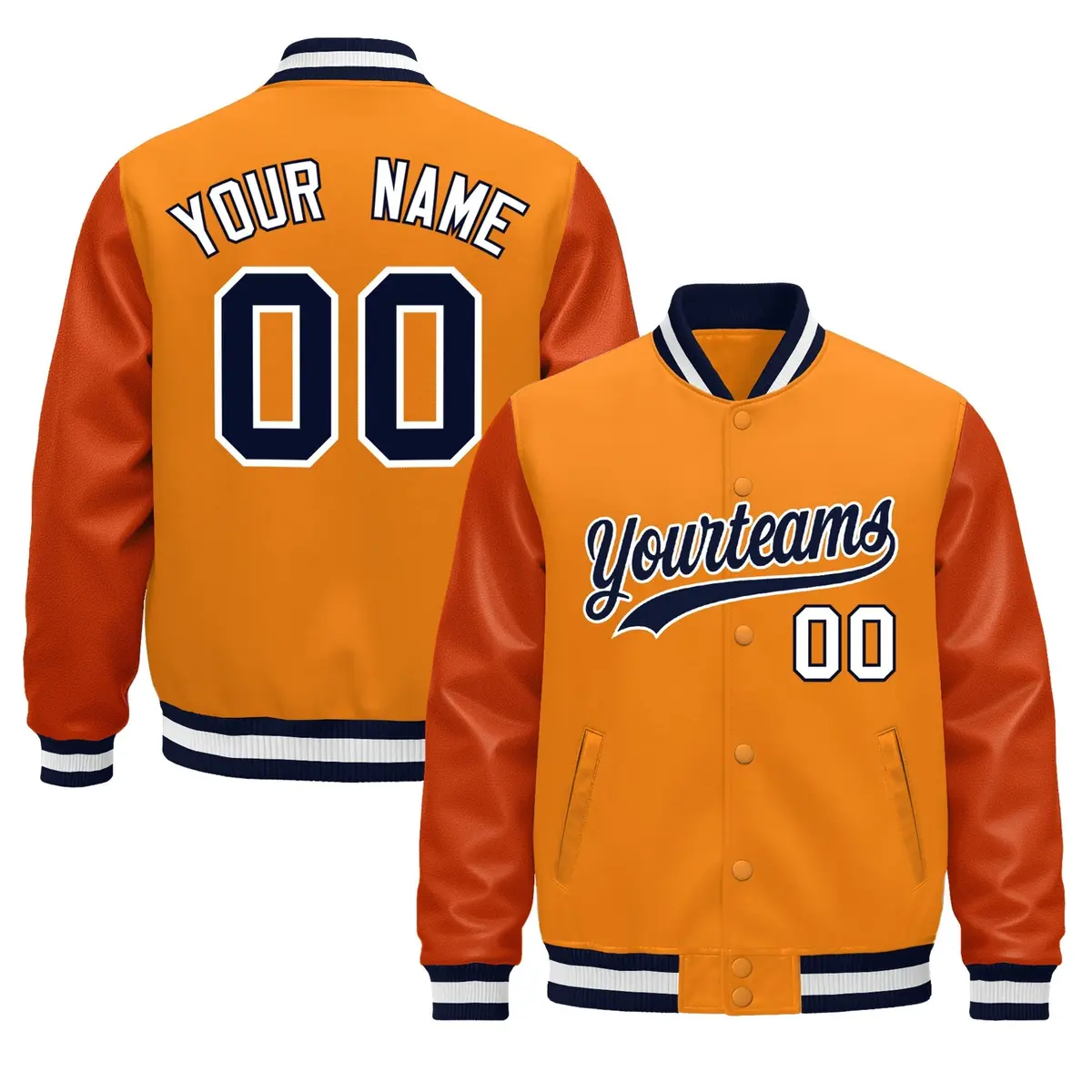 Orange Navy White Varsity Jacket with Leather Sleeves Wrinkle-Resistant