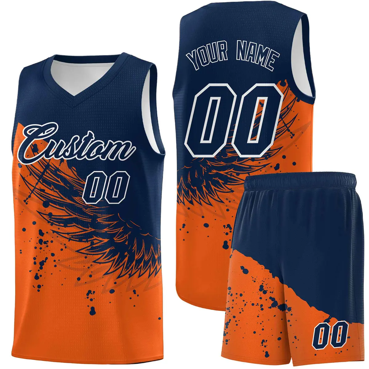 Orange Navy Wing Pattern Basketball Jersey Sports Uniform