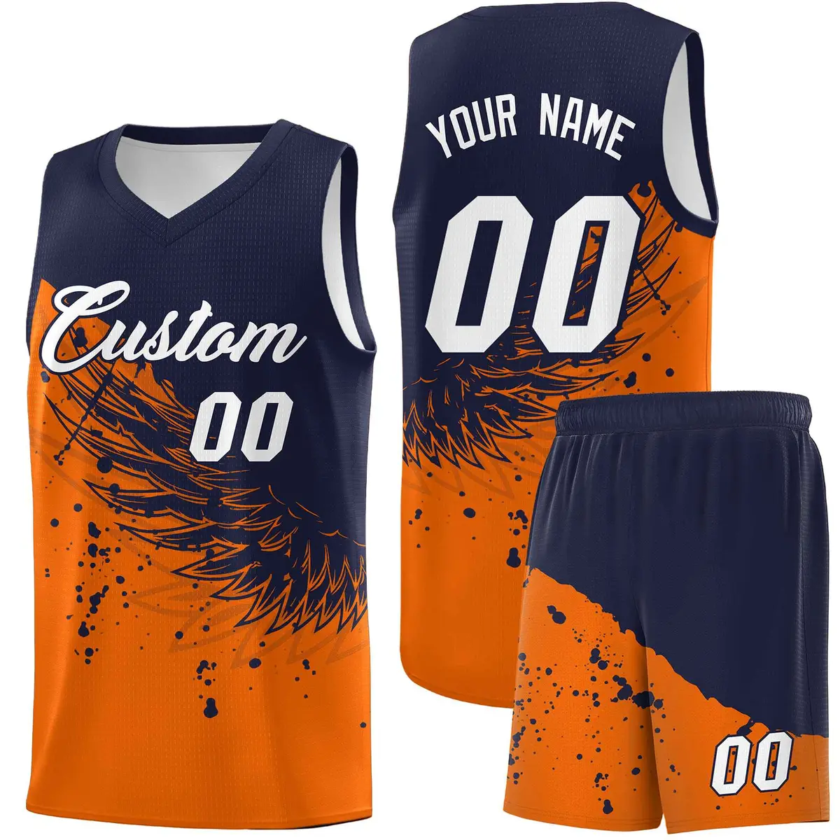 Orange Navy Wing Pattern Basketball Jersey Sports Uniform