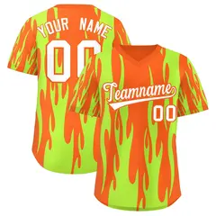 Orange Neon Green Flame Pattern Pullover Baseball Jersey 1