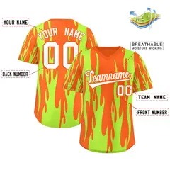 Orange Neon Green Flame Pattern Pullover Baseball Jersey 2