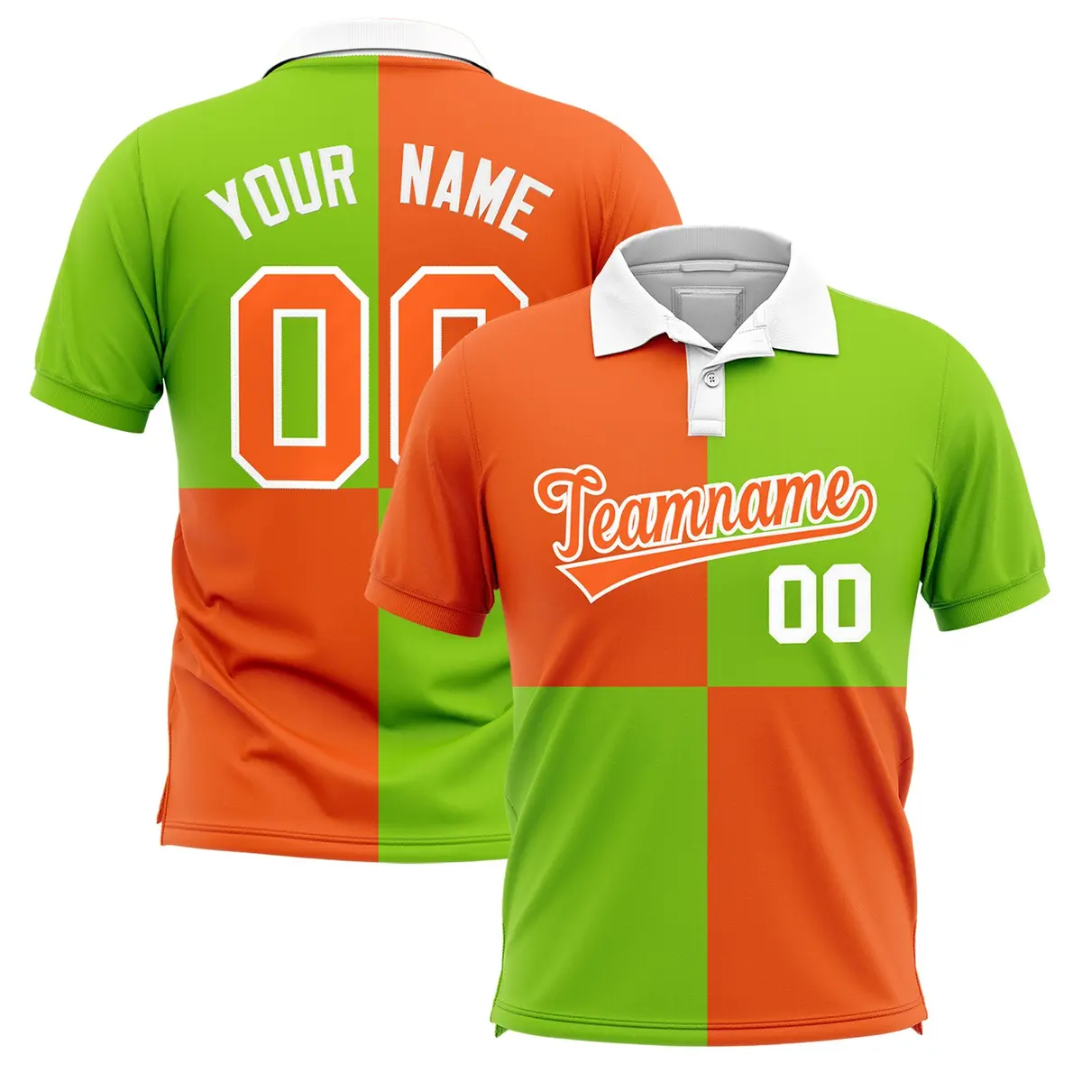 Orange Neon Green Four Squares Performance Polo Shirt