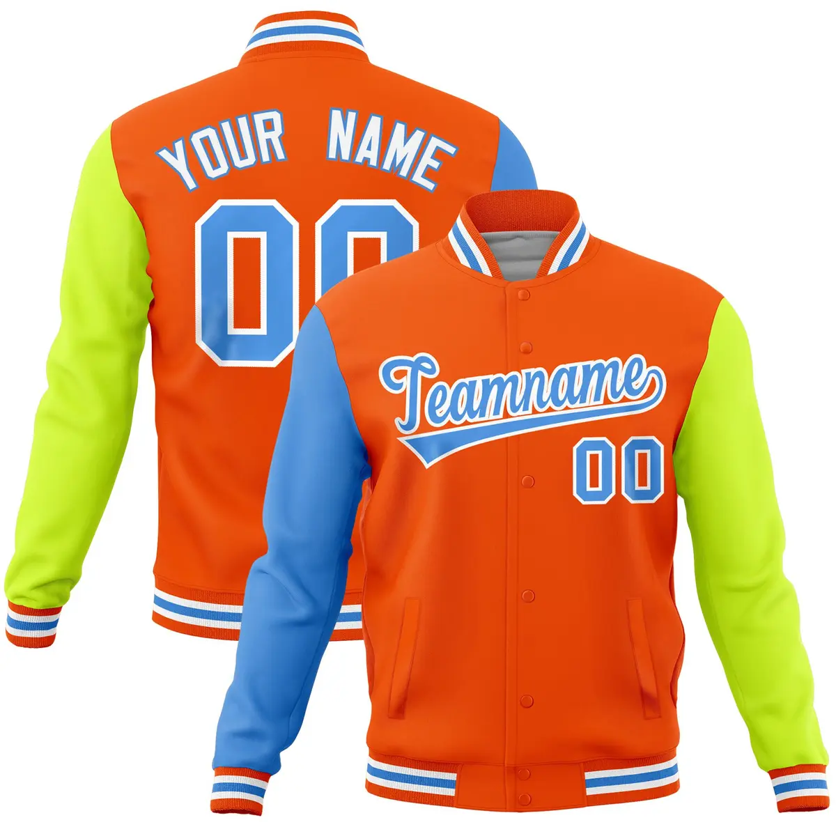 Orange Neon Green-Powder Blue Raglan Full-Snap Varsity Letterman Jacket