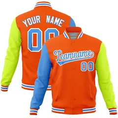 Orange Neon Green-Powder Blue Raglan Full-Snap Varsity Letterman Jacket