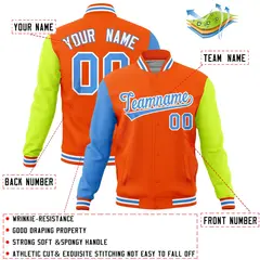 Orange Neon Green-Powder Blue Raglan Full-Snap Varsity Letterman Jacket 4
