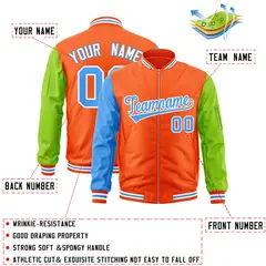 Orange Neon Green-Powder Blue Varsity Full-Zip Raglan Letterman Bomber Jacket 2