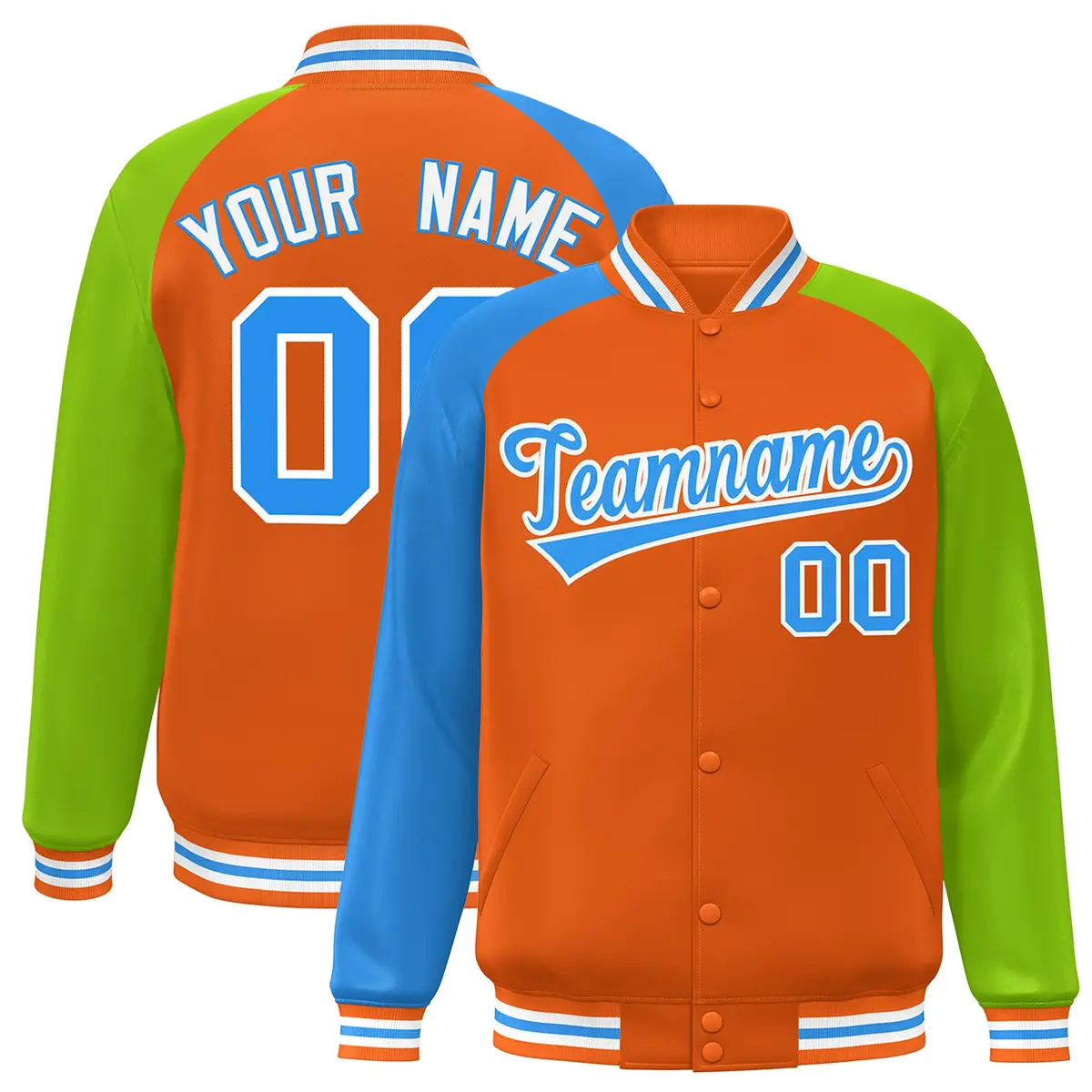Orange Neon Green-Powder Blue Varsity Raglan Letterman Bomber Jacket
