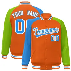 Orange Neon Green-Powder Blue Varsity Raglan Letterman Bomber Jacket 1