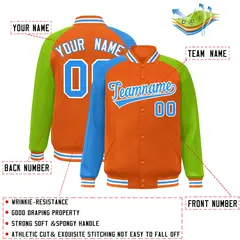 Orange Neon Green-Powder Blue Varsity Raglan Letterman Bomber Jacket 2