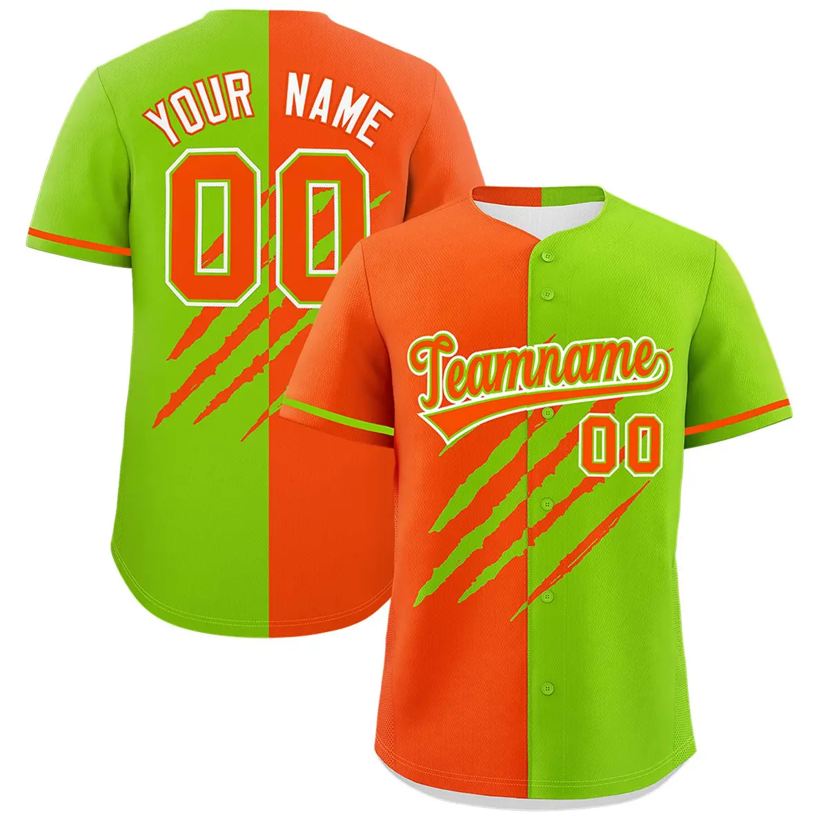 Orange Neon Green Tiger Claw Scratch Split Baseball Jersey