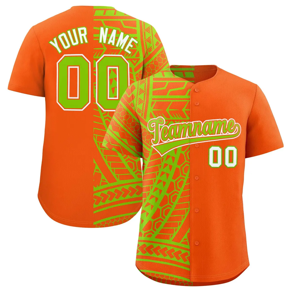 Orange Neon Green Tribal Split Baseball Jersey