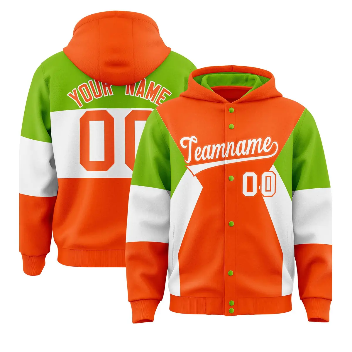 Orange Neon Green-White Color Block Varsity Full-Snap Letterman Jacket Hoodie