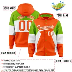 Orange Neon Green-White Color Block Varsity Full-Snap Letterman Jacket Hoodie 4