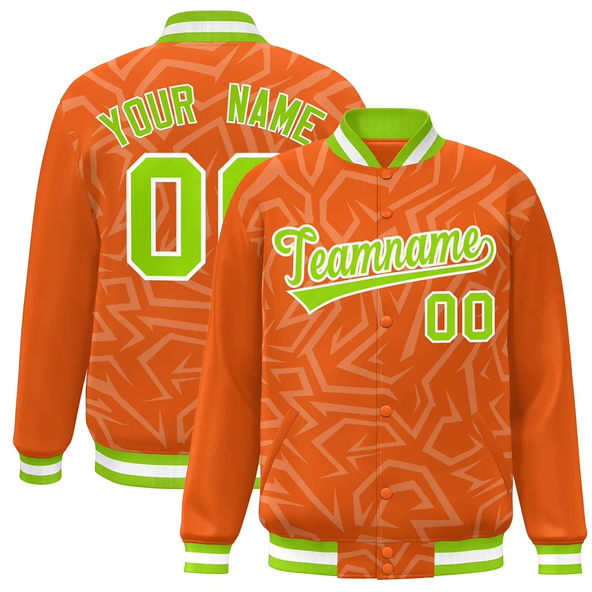 Orange Neon Green-White Stripe Graffiti Pattern Varsity Full-Snap Jacket