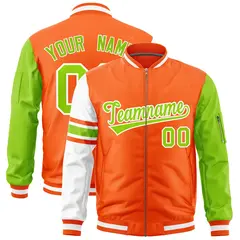 Orange Neon Green-White Varsity Full-Zip Raglan Stripe Letterman Bomber Jacket 1