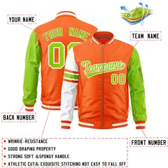 Orange Neon Green-White Varsity Full-Zip Raglan Stripe Letterman Bomber Jacket 2