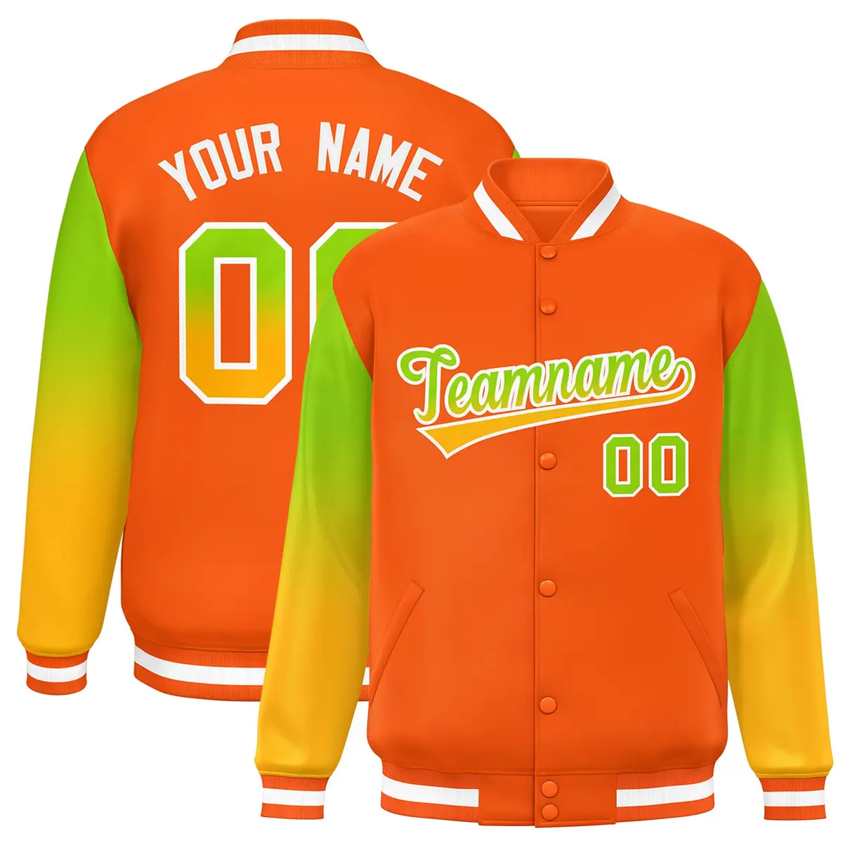 Orange Neon Green-Yellow Gradient Varsity Full-Snap Raglan Baseball Jacket