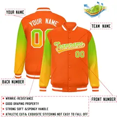 Orange Neon Green-Yellow Gradient Varsity Full-Snap Raglan Baseball Jacket 2
