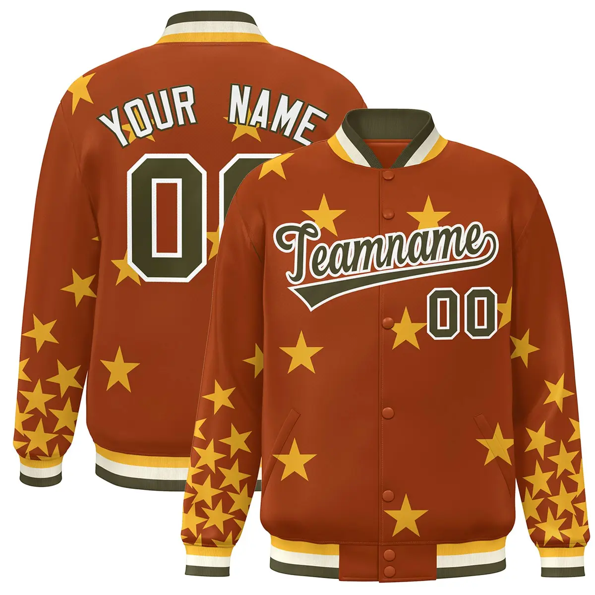 Orange Olive-White Star Graffiti Varsity Full-Snap Bomber Jacket
