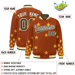 Orange Olive-White Star Graffiti Varsity Full-Snap Bomber Jacket 2