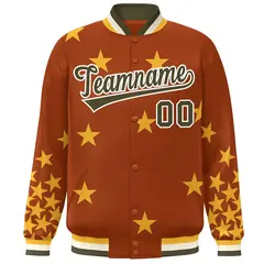 Orange Olive-White Star Graffiti Varsity Full-Snap Bomber Jacket 3