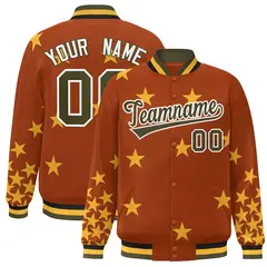 Orange Olive-White Star Graffiti Varsity Full-Snap Bomber Jacket