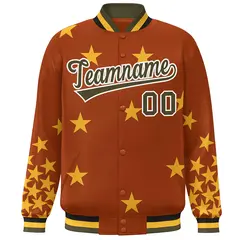 Orange Olive-White Star Graffiti Varsity Full-Snap Bomber Jacket 3