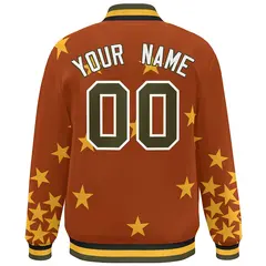 Orange Olive-White Star Graffiti Varsity Full-Snap Bomber Jacket 4