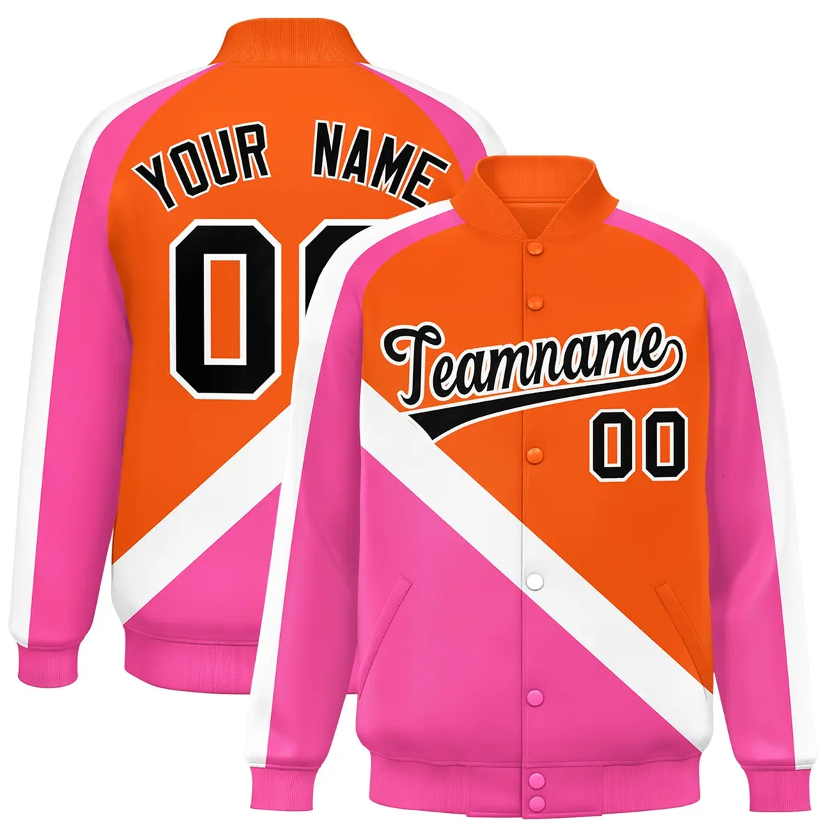 Orange Pink Full-Snap Raglan Letterman Baseball Jacket