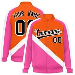 Orange Pink Full-Snap Raglan Letterman Baseball Jacket