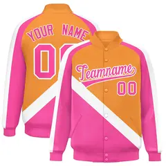 Orange Pink Full-Snap Raglan Letterman Baseball Jacket 1