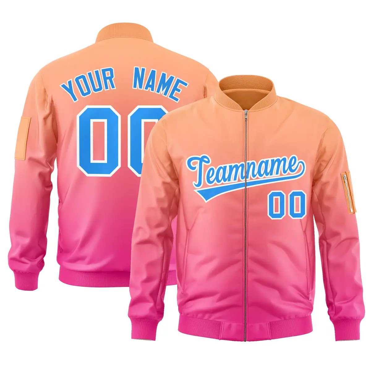 Orange Pink-Powder Blue Gradient Full-Zip Letterman Bomber Jacket