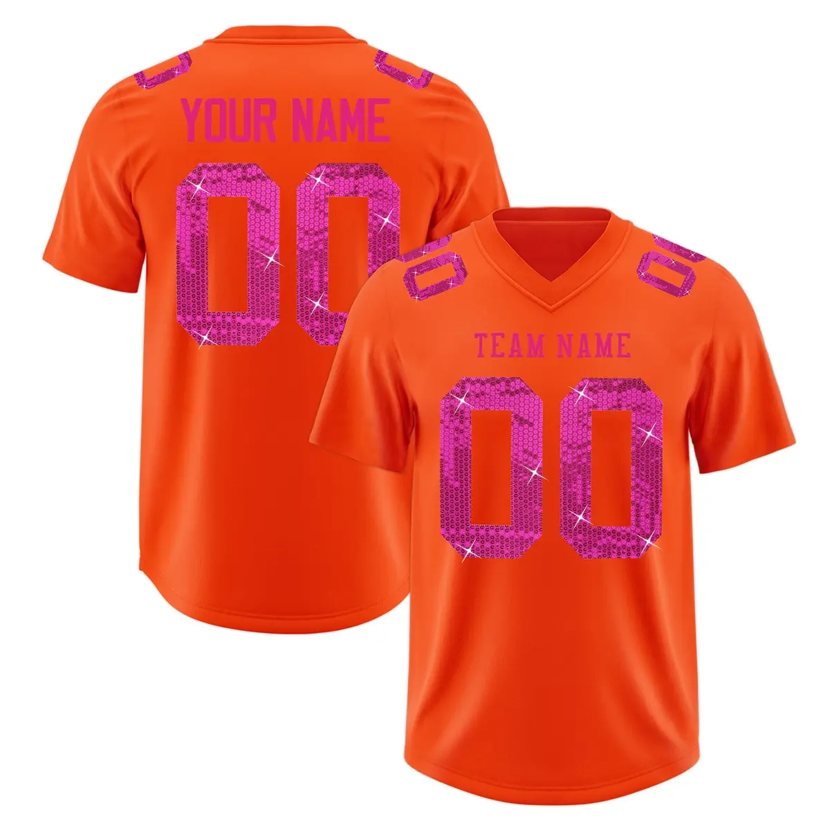 Orange Pink Sequin Lettering Football Jersey