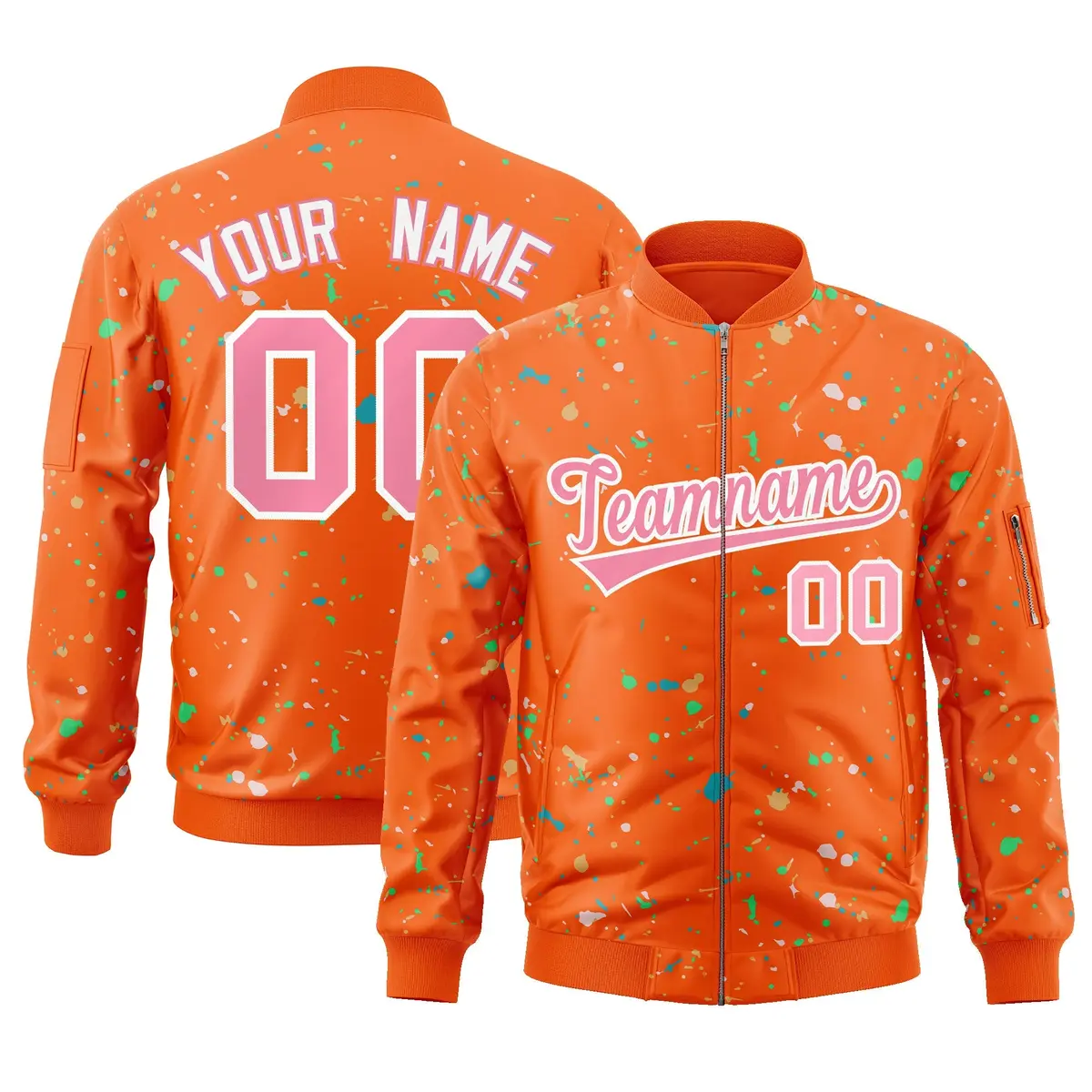 Orange Pink-White Splash Graffiti Pattern Varsity Full-Zip Letterman Jacket