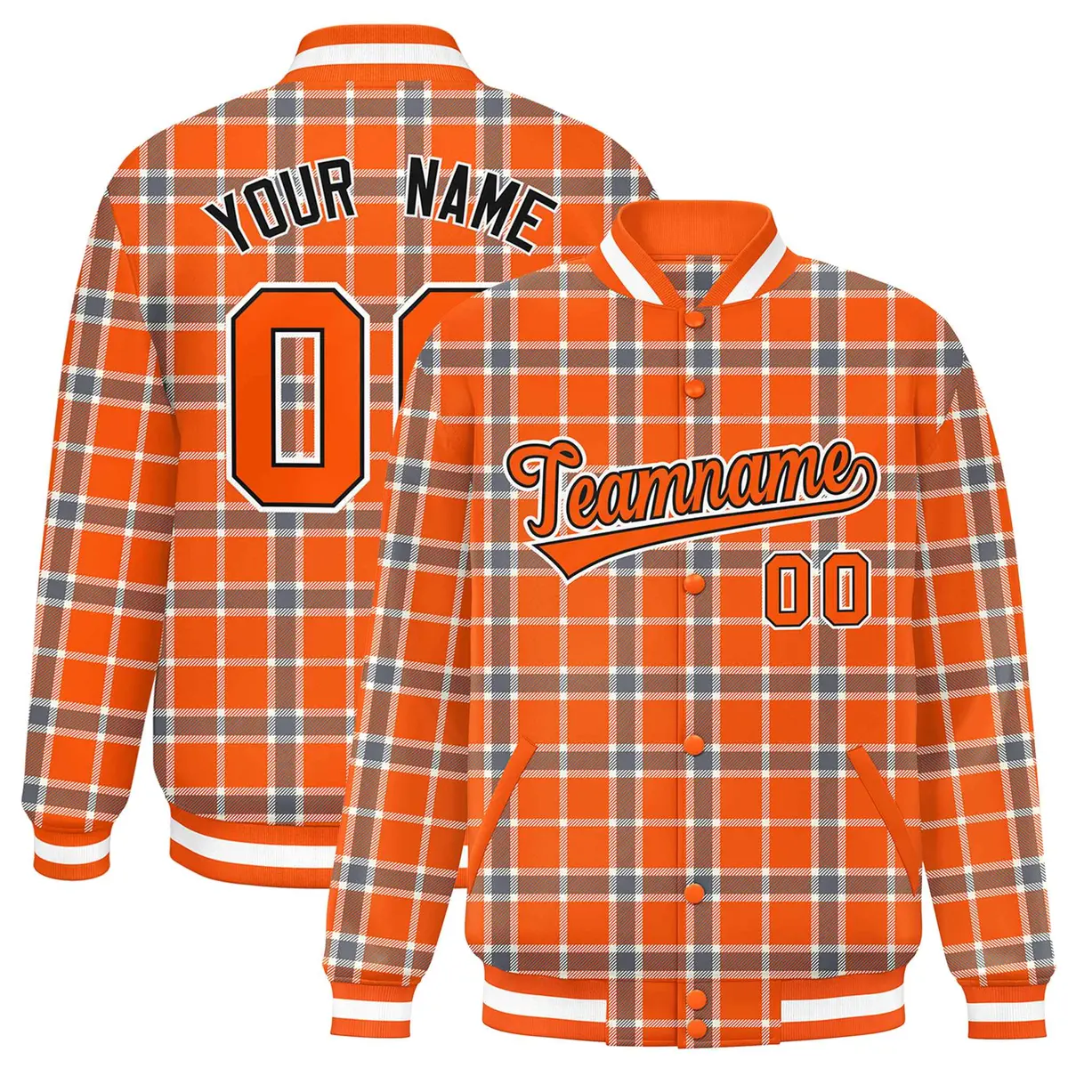 Orange Plaid Varsity Full-Snap Letterman Baseball Jacket