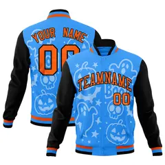 Orange Powder Blue Black Halloween Bats Pumpkins Ghost Letterman Jacket 1