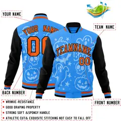 Orange Powder Blue Black Halloween Bats Pumpkins Ghost Letterman Jacket 2