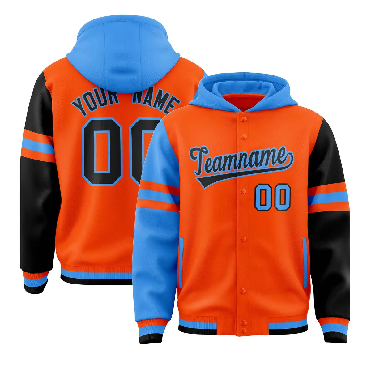 Orange Powder Blue-Black Varsity Letterman Hoodie Jacket Raglan Three Stripes