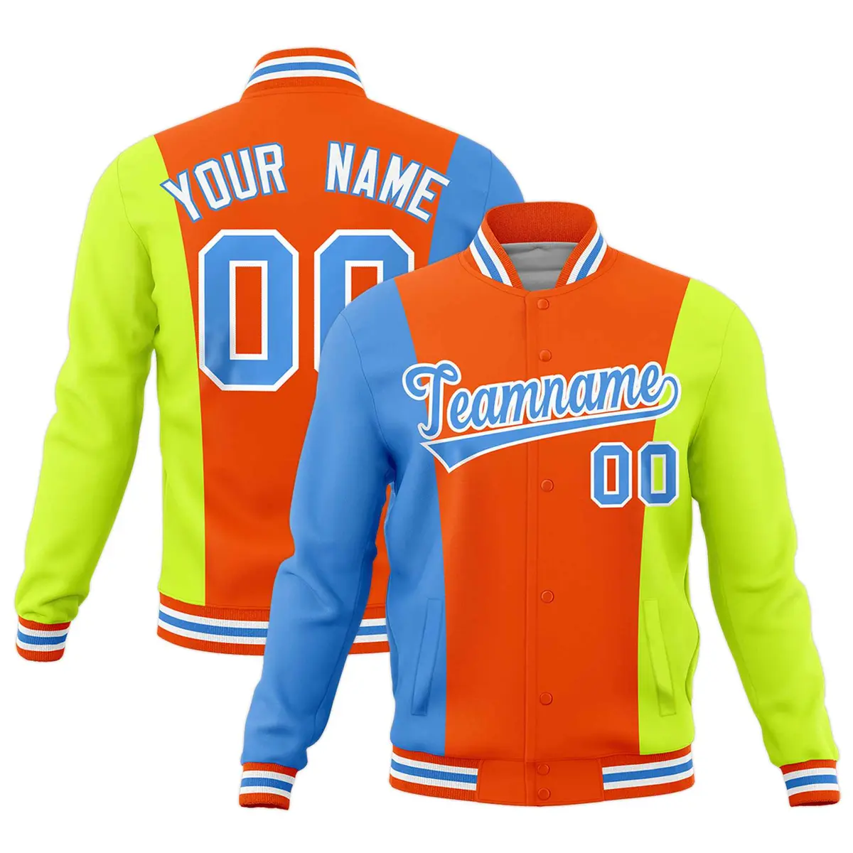 Orange Powder Blue Fluorescent Green Three-Color Block Varsity Letterman Jacket